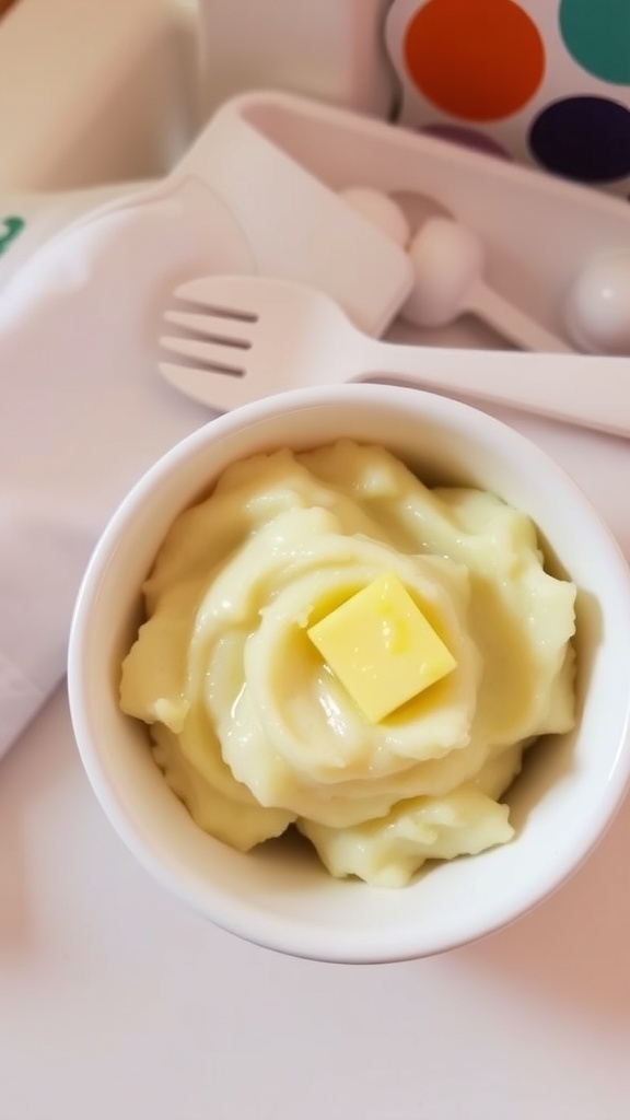 Creamy mashed potatoes in a baby bowl on a high chair tray, ready for a 7-month-old.
